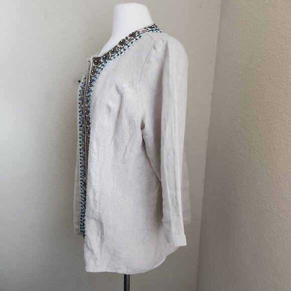 Chicos Jacket Women's 2 L 12 Embellished 100% Linen 3/4 Sleeves Tan Boho Casual‎ - Picture 4 of 15